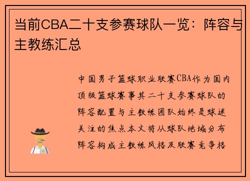 当前CBA二十支参赛球队一览：阵容与主教练汇总